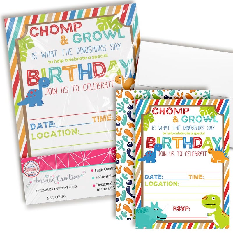 Amanda Creation Cute and Colorful Dinosaur Birthday Party Invitations for Boys, 20 5x7 Fill In Cards with Twenty White Envelopes by AmandaCreation - Image 1